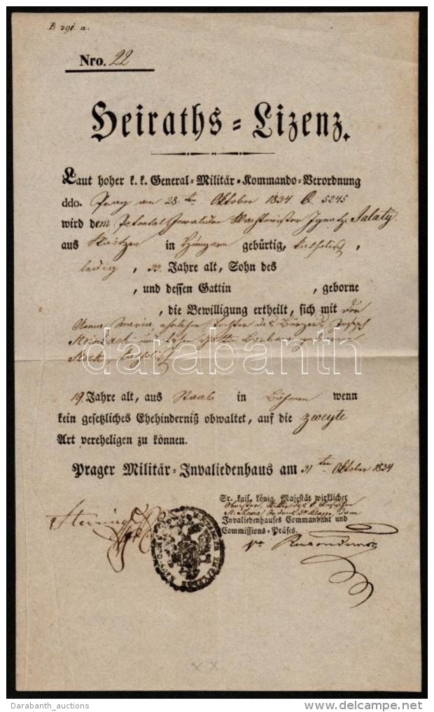 1834 H&aacute;zass&aacute;gi Enged&eacute;ly Katona R&eacute;sz&eacute;re / Marriage Licence For Soldier. - Otros & Sin Clasificación