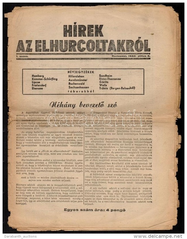 1945 H&iacute;rek Az Elhurcoltakr&oacute;l. 1945. J&uacute;lius 5., 1. Sz&aacute;m, Bp., Magyarorsz&aacute;gi... - Autres & Non Classés