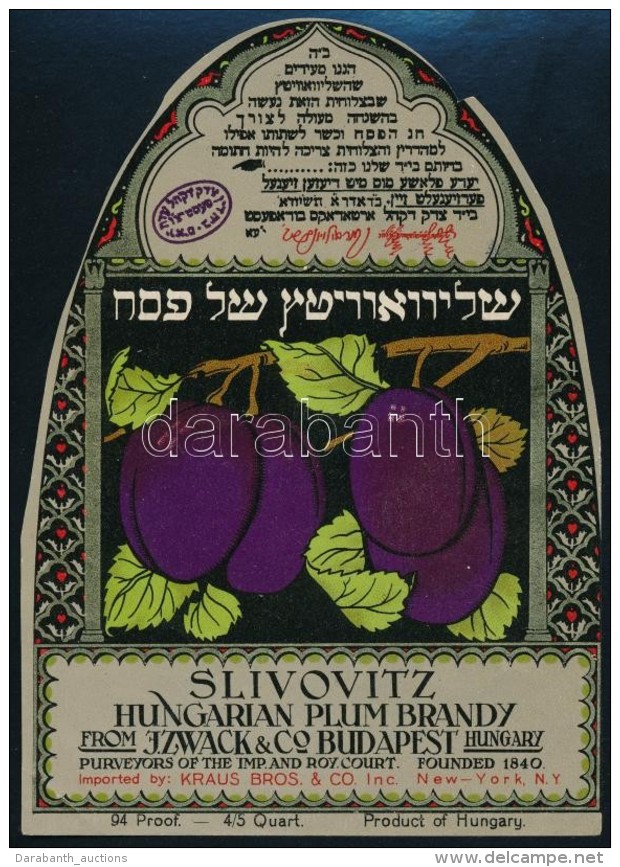 Cca 1935 Zwack Slivovitz Exportra Gy&aacute;rtott K&oacute;ser Szilvap&aacute;linka C&iacute;mke, Judaika, 15x10,5... - Publicités