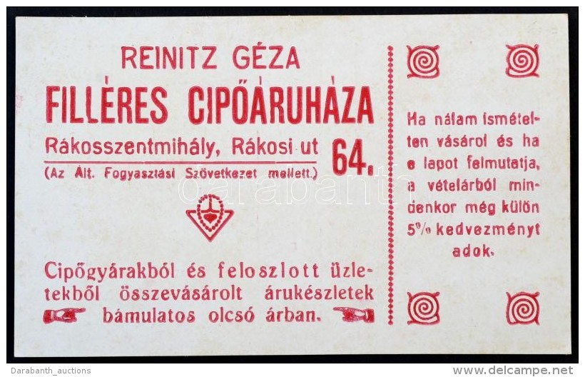 Cca 1910 Reinitz G&eacute;za R&aacute;kosszentmih&aacute;lyi CipÅ‘&aacute;ruh&aacute;z Rekl&aacute;mk&aacute;rtya - Publicidad