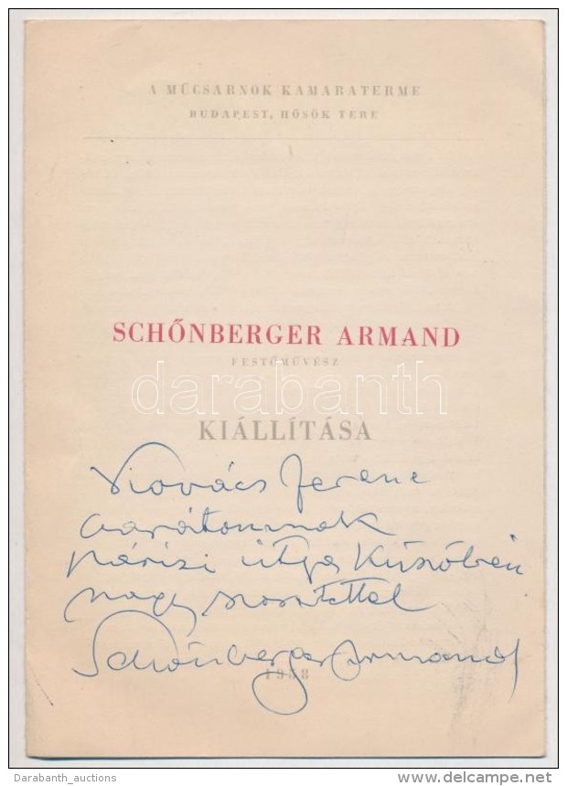 1958 Sch&ouml;nberger Armand (1885-1974) FestÅ‘mÅ±v&eacute;sz Dedik&aacute;lt Ki&aacute;ll&iacute;t&aacute;si... - Autres & Non Classés