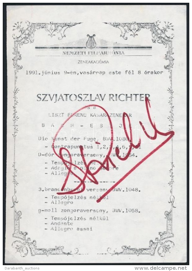 1991 Szvjatoszlav Richter (1915-1997) ZongoramÅ±v&eacute;sz Al&aacute;&iacute;r&aacute;sa MÅ±sorlapon - Otros & Sin Clasificación