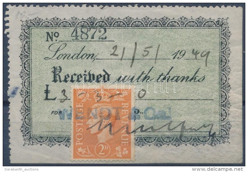 Nagy Britannia 1949 Kisalak&uacute; Nyugta 2P Postab&eacute;lyeggel / 2P Postage Stamp On Receipt - Sin Clasificación