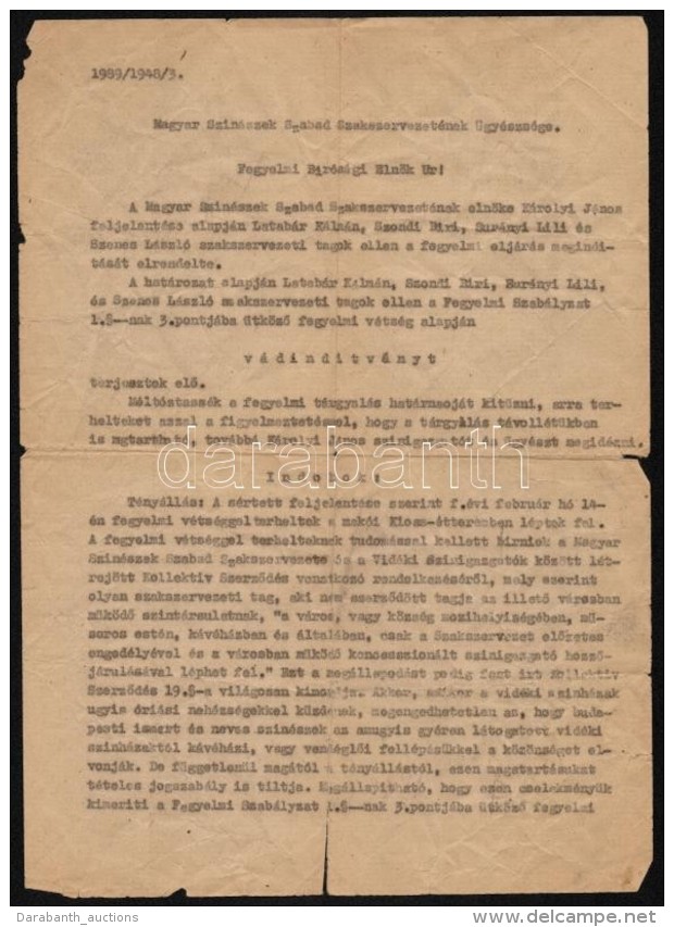 1948 Fegyelmi Ind&iacute;tv&aacute;ny Latab&aacute;r K&aacute;lm&aacute;n, Bur&aacute;nyi Lili &eacute;s Szenes... - Sin Clasificación