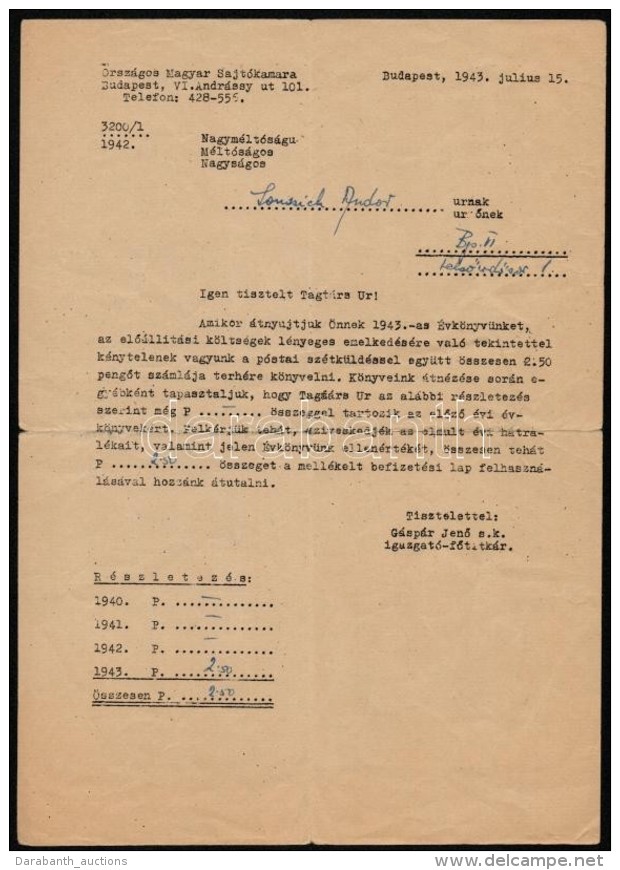 1943 Somssich Andor Sajt&oacute;kamarai Kinevez&eacute;s&eacute;vel Kapcsolatos 3 Db Hivatalos Lev&eacute;l,... - Unclassified