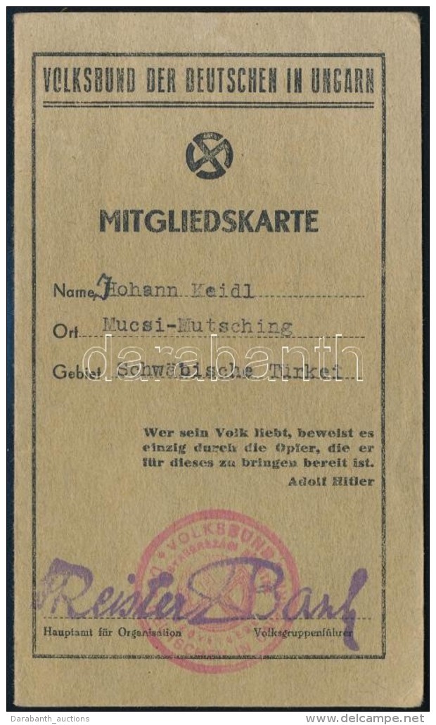1943 Magyar Volksbund Tags&aacute;gi Igazolv&aacute;ny HItler Id&eacute;zettel, Tags&aacute;gi B&eacute;lyegekkel /... - Non Classés