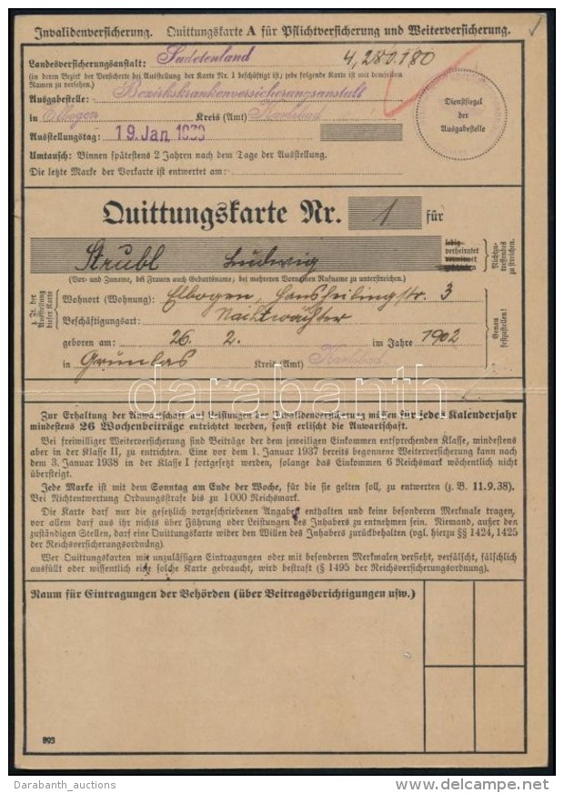 1939 Quittungskarte F&uuml;r Sudetenland No. 1. &Eacute;rv&eacute;nyes&iacute;t&eacute;si B&eacute;lyegekkel / With... - Sin Clasificación