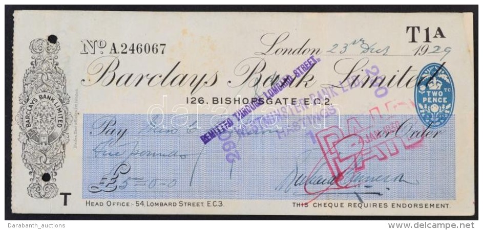 1929 London, Barclays Bank V&aacute;lt&oacute;ja / Bill - Non Classés