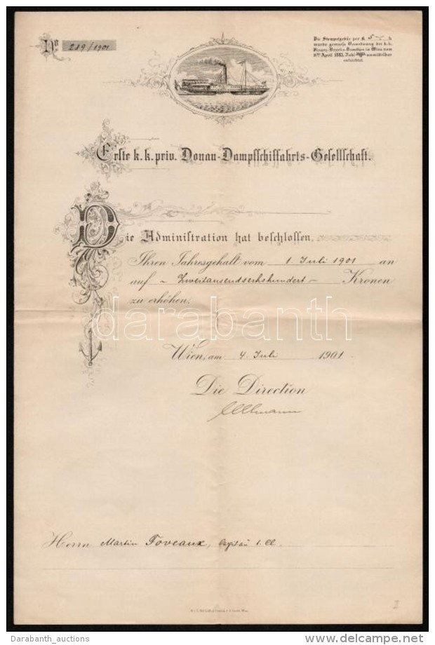 1904 A DDSG Haj&oacute;z&aacute;si V&aacute;llalat D&iacute;szes Nyugt&aacute;ja / 1904 DDSG Ornamented Receipt - Sin Clasificación