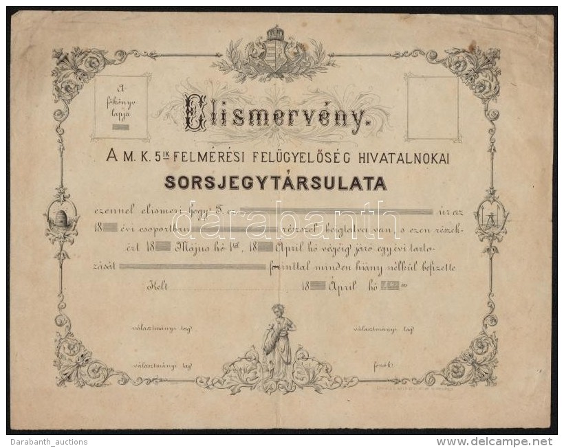 Cca 1880 Elismerv&eacute;ny, A M. K. 5. Felm&eacute;r&eacute;si Fel&uuml;gyelÅ‘s&eacute;g Hivatalnokai... - Sin Clasificación