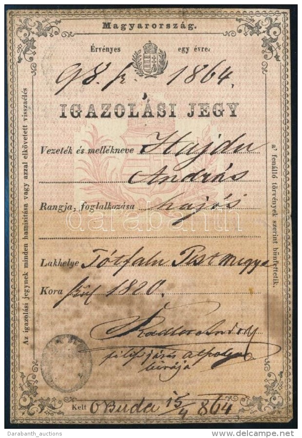 1864 Igazol&aacute;si Jegy Haj&oacute;s Leg&eacute;ny R&eacute;sz&eacute;re / ID For Sailor. - Sin Clasificación