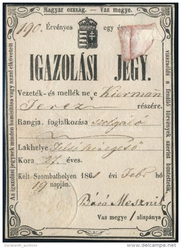 1861 Igazol&aacute;si Jegy Magyar C&iacute;merrel FelsÅ‘sz&eacute;n&eacute;getÅ‘i Lakosnak / Hungarian ID Forl... - Sin Clasificación