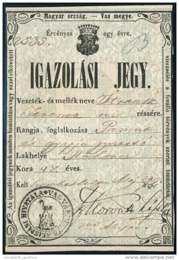 1861 Igazol&aacute;si Jegy Vas Megyei C&iacute;merrel Rohonci Gyapj&uacute;gy&aacute;rt&oacute;... - Unclassified