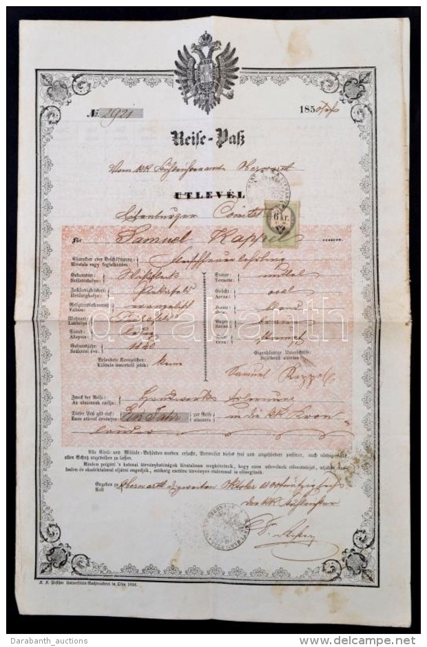 1855 &Uacute;tlev&eacute;l FelsÅ‘Å‘&ouml;n Ki&aacute;ll&iacute;tva / Passport Issued In Burgenland - Sin Clasificación