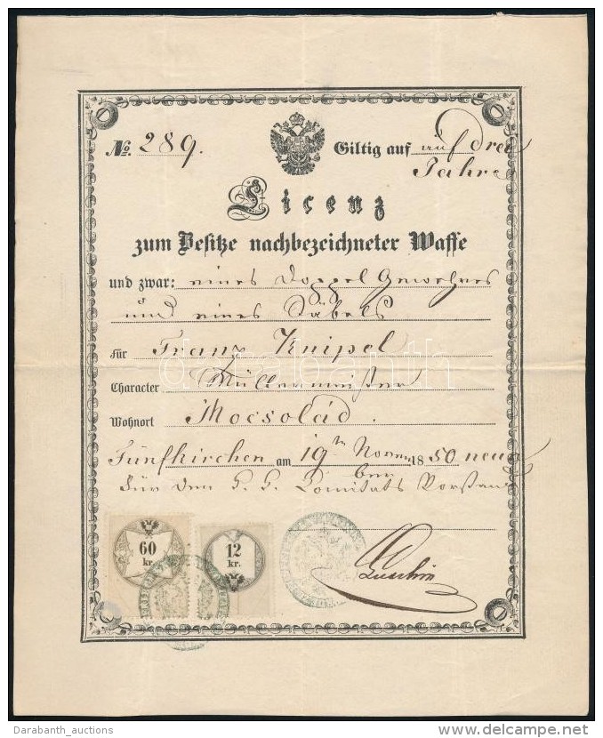 1850 P&eacute;csen Ki&aacute;ll&iacute;tott Fegyvertart&aacute;si Enged&eacute;ly / Gun Licence. - Sin Clasificación