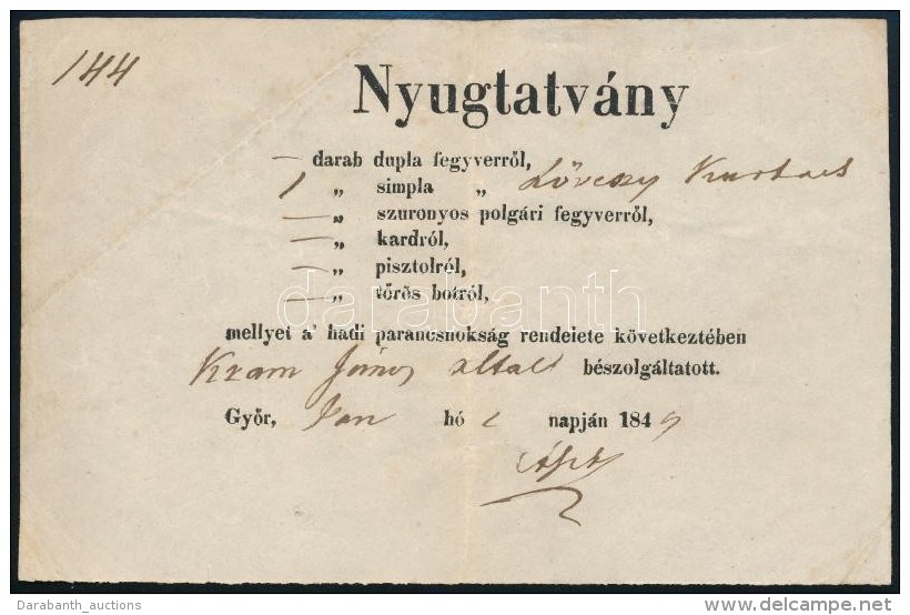 1849 Nyugtatv&aacute;ny Beszolg&aacute;ltatott FegyverrÅ‘l / Receipt Of Turned In Gun. - Non Classés