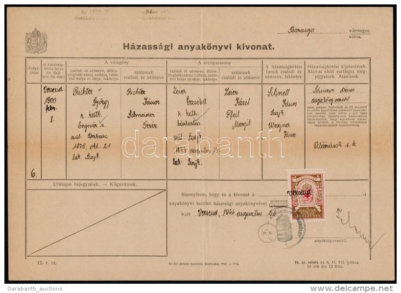 1944 Augusztus, Versend. H&aacute;zass&aacute;gi Anyak&ouml;nyvi Kivonat Illet&eacute;kb&eacute;lyeg Helyett 100f... - Sin Clasificación