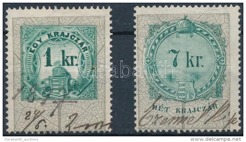 1891 1kr + 7kr Nagy Foltokkal A Korona, C&iacute;mer Felett / Green Colour Spots - Non Classés