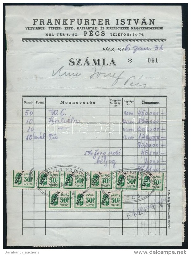 1946 Janu&aacute;r Sz&aacute;mla 100 Db 30P Illet&eacute;kb&eacute;lyeggel / Invoice With Invoice Stamps - Sin Clasificación