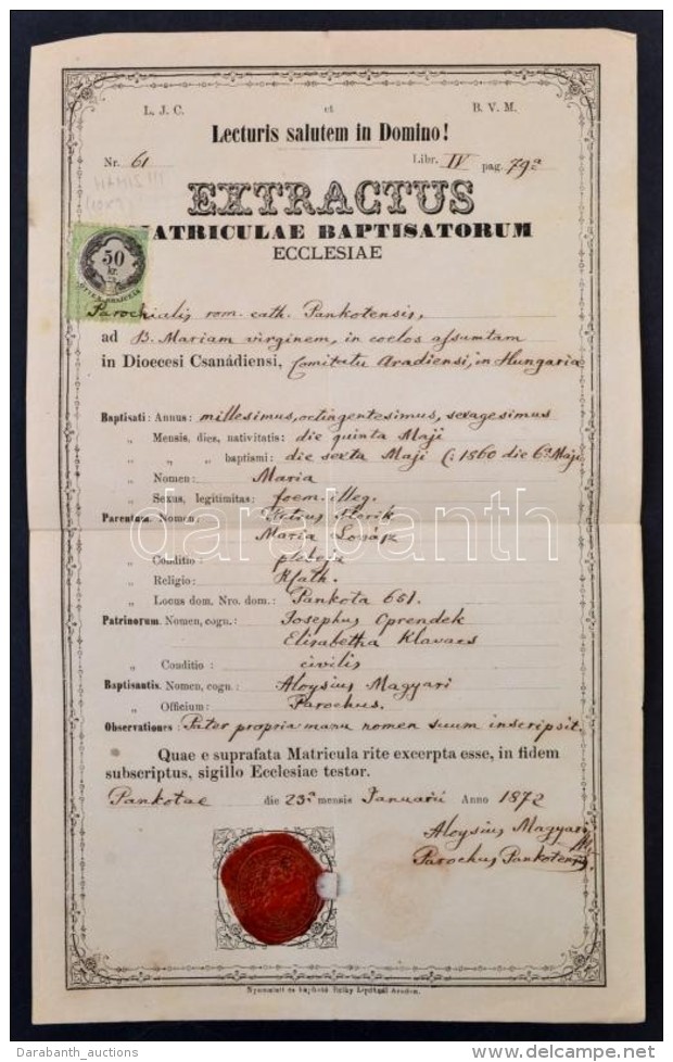 1872 Hamis 50kr Okm&aacute;nyb&eacute;lyeg Teljes Okm&aacute;nyon / 1872 Forged 50kr Document Stamp On Document. - Non Classés