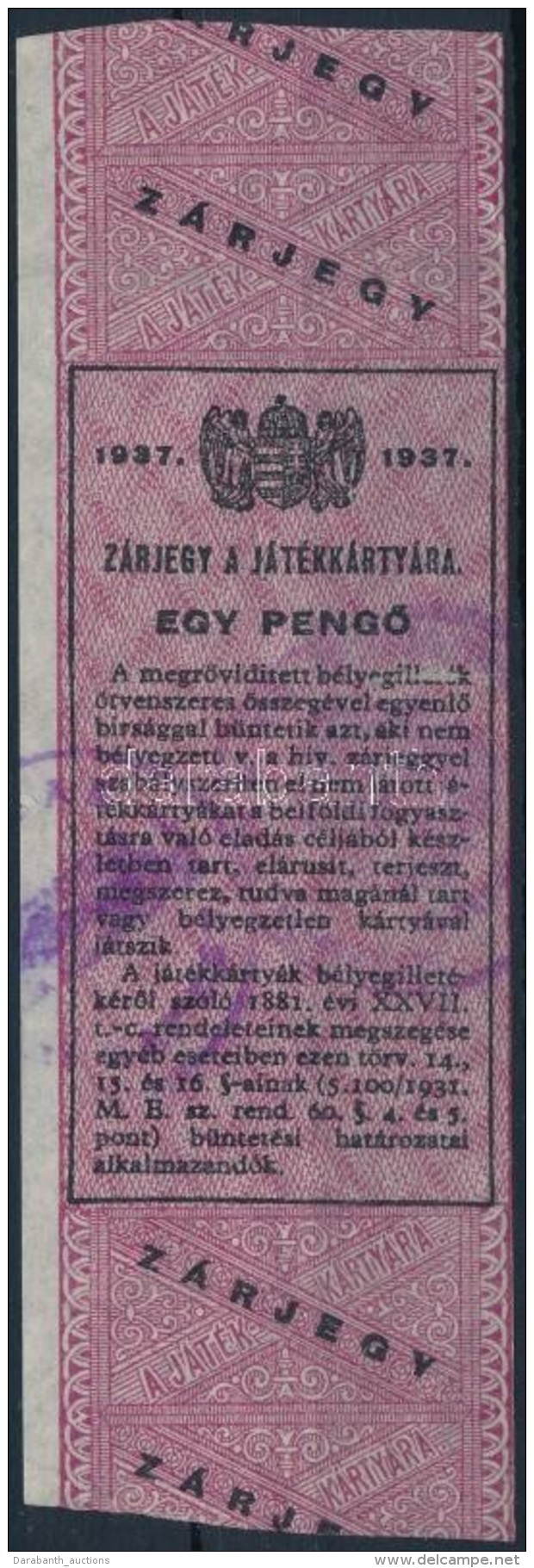 1937 1P K&aacute;rtyajegy, K&aacute;rtya-z&aacute;rjegy (Hodobay 33a.) / 1p Card Tax-stamp - Sin Clasificación