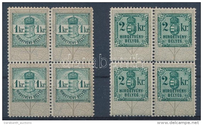 1kr &eacute;s 2kr Hirdetm&eacute;nyb&eacute;lyeg N&eacute;gyest&ouml;mb&ouml;kben / Advertising Stamp Blocks Of 4 - Non Classés