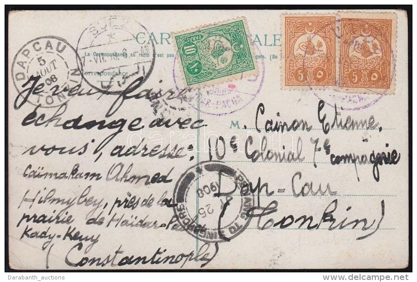 1908 K&eacute;peslap Konstantin&aacute;polyb&oacute;l Tonkinba / Postcard To French Soldier To Tonkin... - Otros & Sin Clasificación