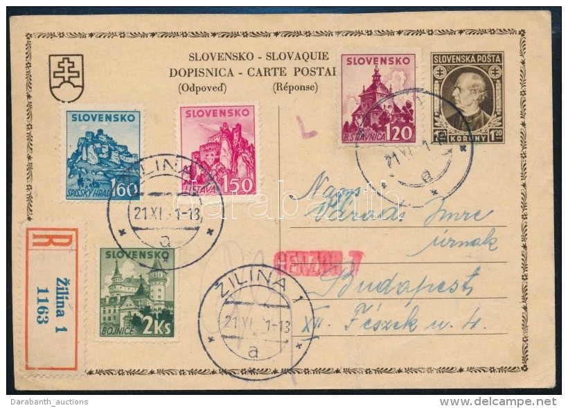 1941 Cenz&uacute;r&aacute;s Aj&aacute;nlott LevelezÅ‘lap/ Censored Registered Postcard To Hungary - Other & Unclassified