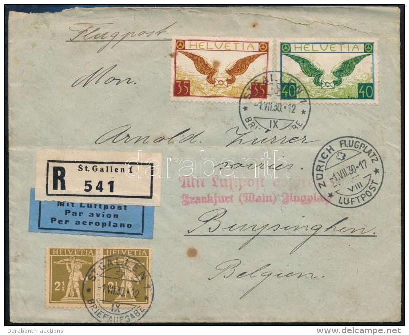 1930 Aj&aacute;nlott L&eacute;gi Lev&eacute;l Belgiumba / Registered Airmail Cover To Belgium - Autres & Non Classés