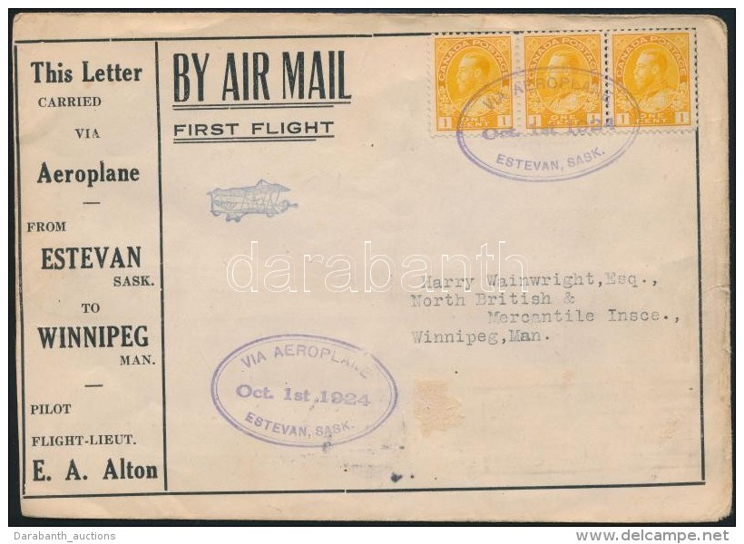 1924 ElsÅ‘ Rep&uuml;l&eacute;s Rekl&aacute;m Lev&eacute;l / First Flight Cover 'ESTEVAN' - 'WINNIPEG' - Autres & Non Classés