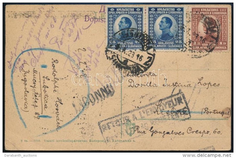 1923 K&eacute;peslap Portug&aacute;li&aacute;ba, Visszak&uuml;ldve / Postcard To Portugal, Returned - Otros & Sin Clasificación