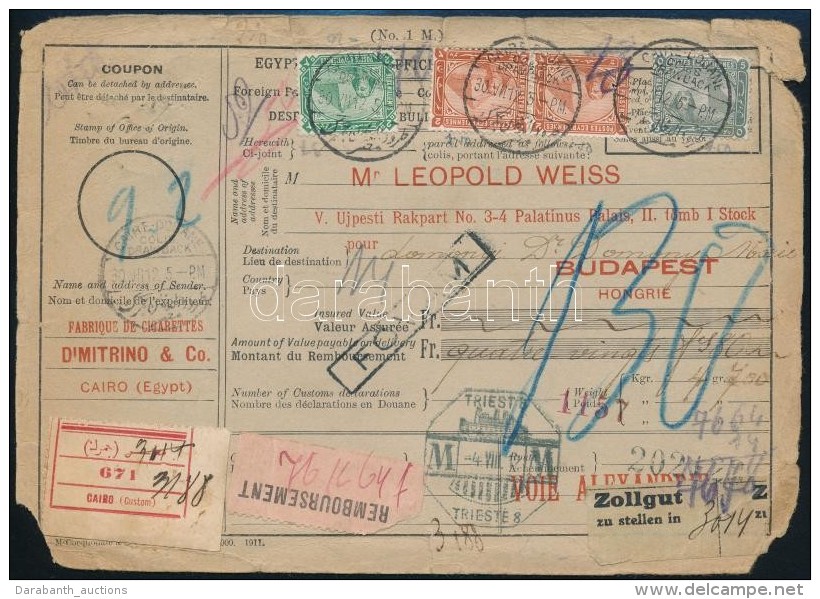 1912 Csomagsz&aacute;ll&iacute;t&oacute; Budapestre/ Parcel Card From Cairo To Budapest - Autres & Non Classés