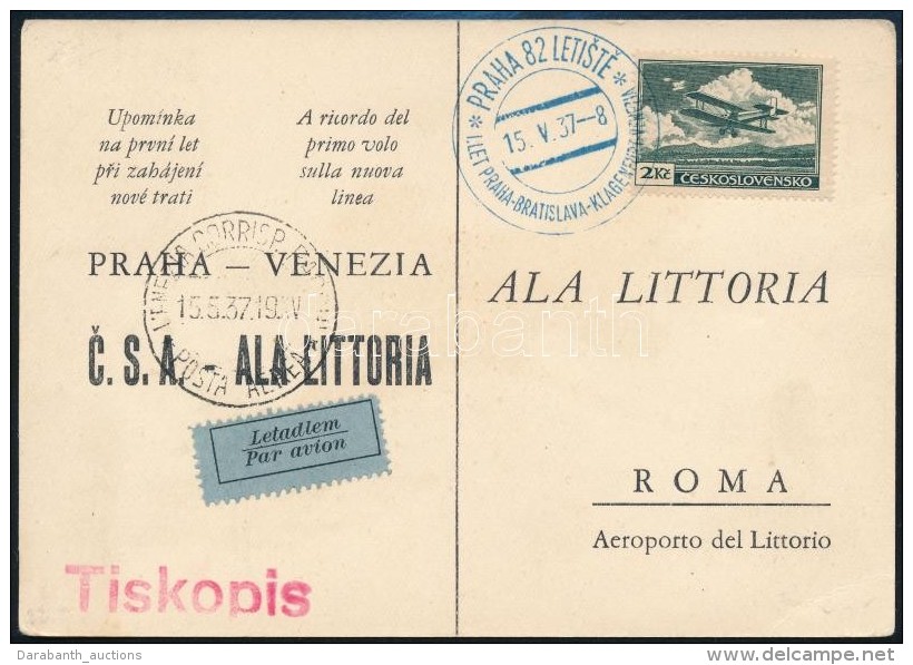 1937 L&eacute;gi K&eacute;peslap/ Airmail Postcard PRAHA - VENEZIA - Otros & Sin Clasificación