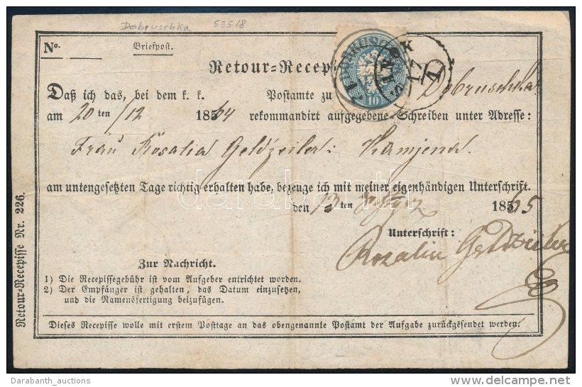 1864 Retour Recepisse 10kr B&eacute;rmentes&iacute;t&eacute;ssel 'DOBRUSCHKA' + 'SANOK' - Otros & Sin Clasificación