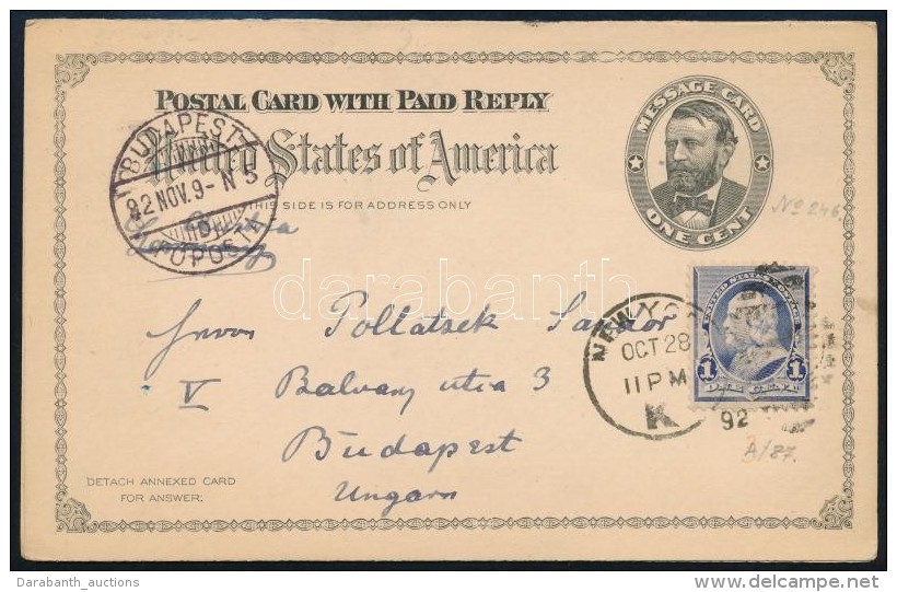 1892 K&eacute;tsz&iacute;nÅ± V&aacute;laszos LevelezÅ‘lap New Yorkb&oacute;l Budapestre / PS-reply Card From New... - Otros & Sin Clasificación