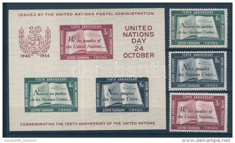 ** 1955 10 &eacute;ves Az ENSZ Fogazott Sor Mi 39-41 + V&aacute;gott Blokk 1 I - Other & Unclassified