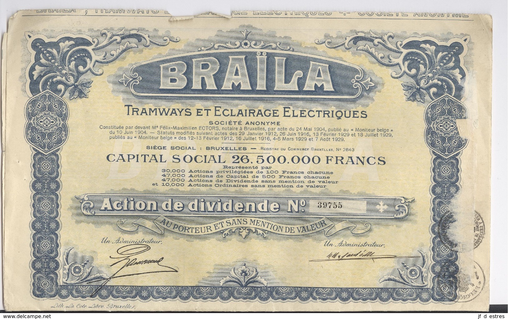 Braïla Tramways Et éclairage électriques . Roumanie.  5 Actions De Dividende Au Porteur 1929 Avec Coupons - A - C