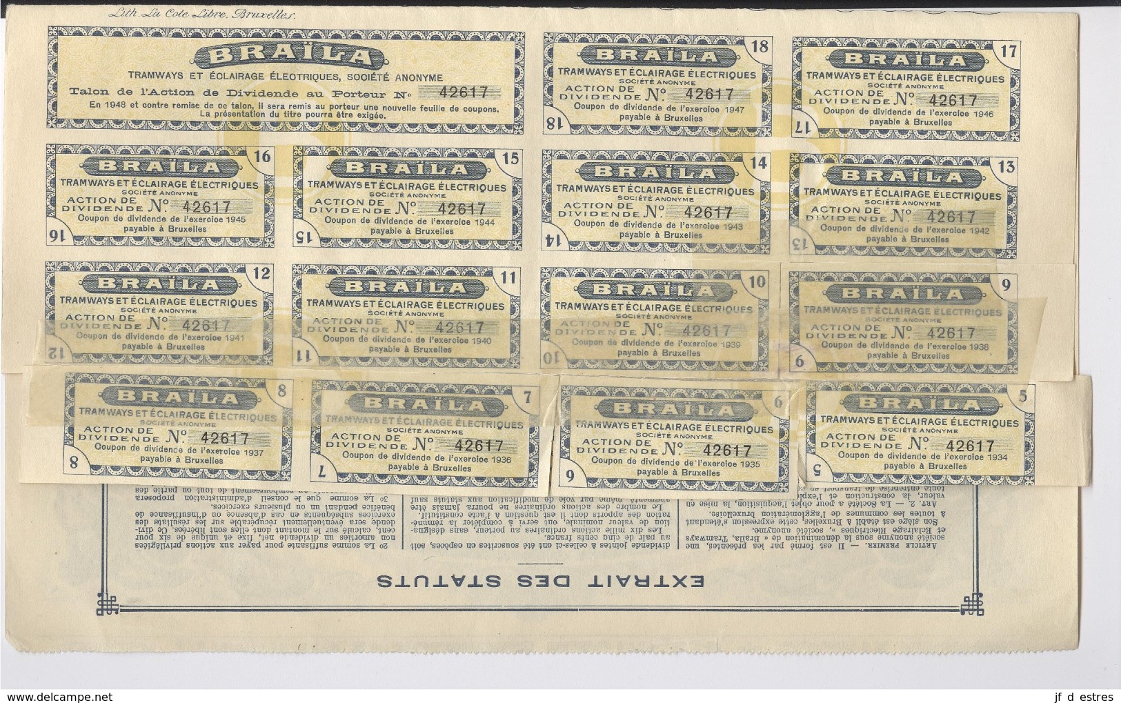 Braïla tramways et éclairage électriques . Roumanie.  5 Actions de dividende au porteur 1929 avec coupons