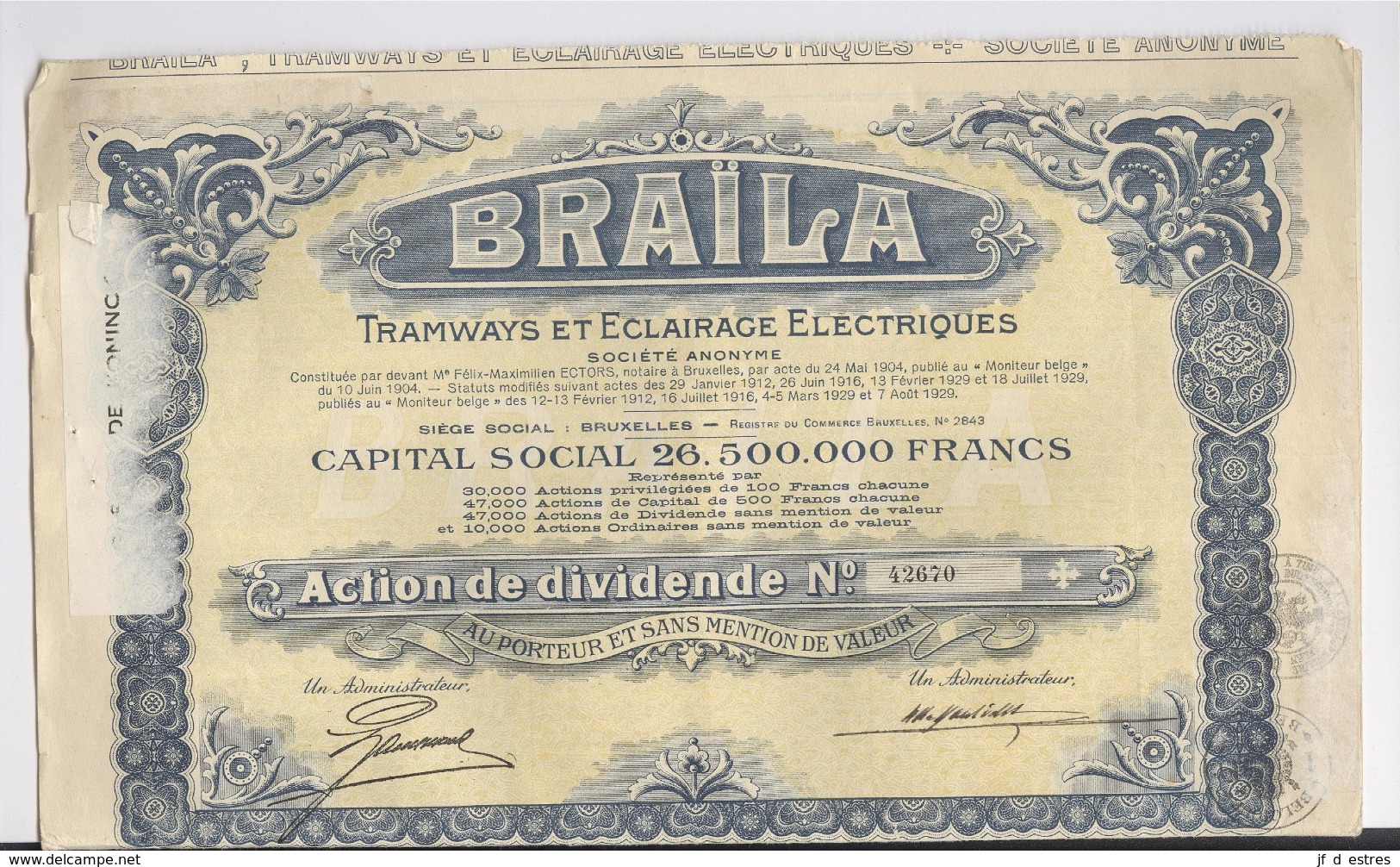 Braïla tramways et éclairage électriques . Roumanie.  5 Actions de dividende au porteur 1929 avec coupons