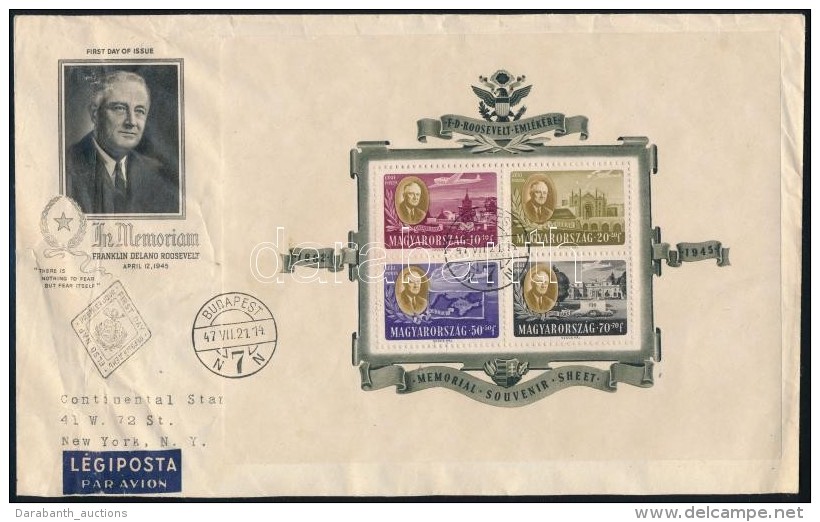 1947 Roosevelt Blokk L&eacute;gi FDC-n Az USA-ba K&uuml;ldve (45.000) / Mi Blokk 11 On Airmail FDC To USA - Otros & Sin Clasificación