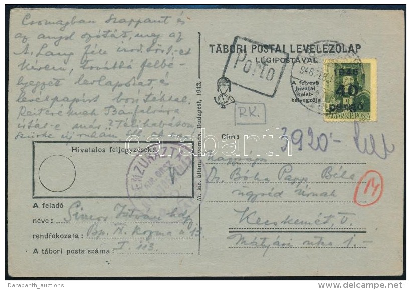 1946 (7. D&iacute;jszab&aacute;s) B&ouml;rt&ouml;n Lev&eacute;l Port&oacute;zva / Prison Cover With Postage Due... - Otros & Sin Clasificación