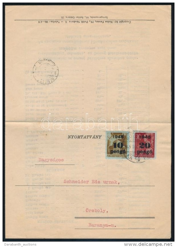 1945 (5. D&iacute;jszab&aacute;s) N&aacute;das Ferenc B&eacute;lyeg&aacute;rjegyz&eacute;ke 10P/80f, 20P/30f... - Other & Unclassified