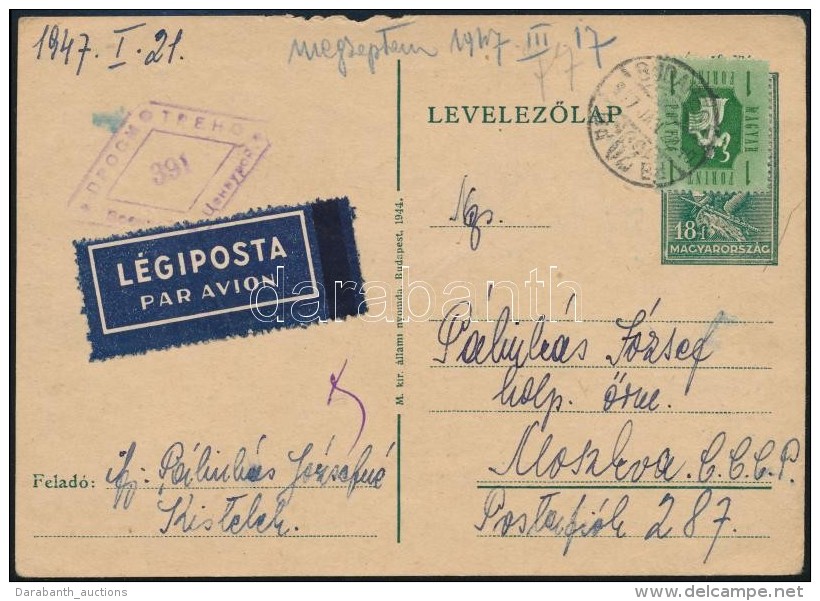 1947 L&eacute;gi Lev&eacute;l Hadifogolynak C&iacute;mezve Moszkv&aacute;ba / Airmal Cover To Hungarian Prisoner Of... - Autres & Non Classés