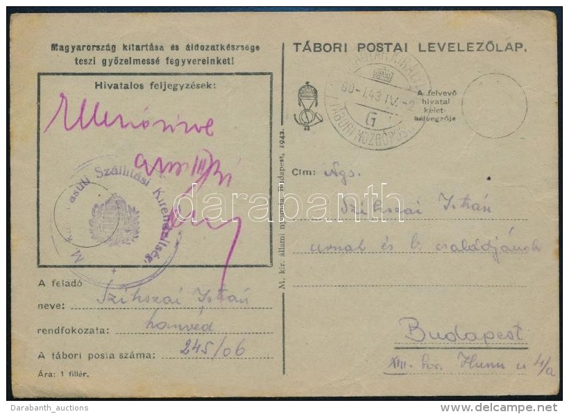 1943 T&aacute;bori Posta LevelezÅ‘lap Mozg&oacute;post&aacute;n K&uuml;ldve / Field Postcard 'M. Kir. Vasuti... - Otros & Sin Clasificación