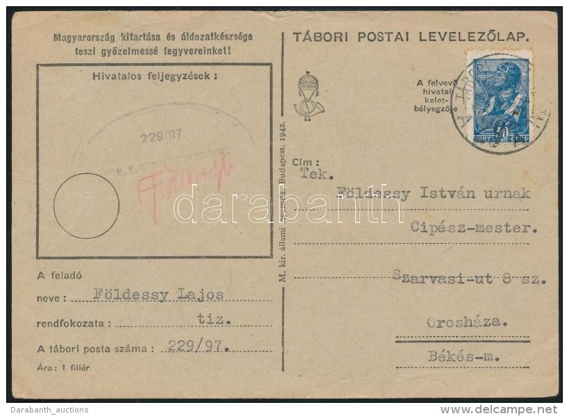 1942 T&aacute;bori Posta LevelezÅ‘lap Szovjet B&eacute;lyeggel / Field Postcard With Soviet Stamp 'TP 29 A' - Autres & Non Classés
