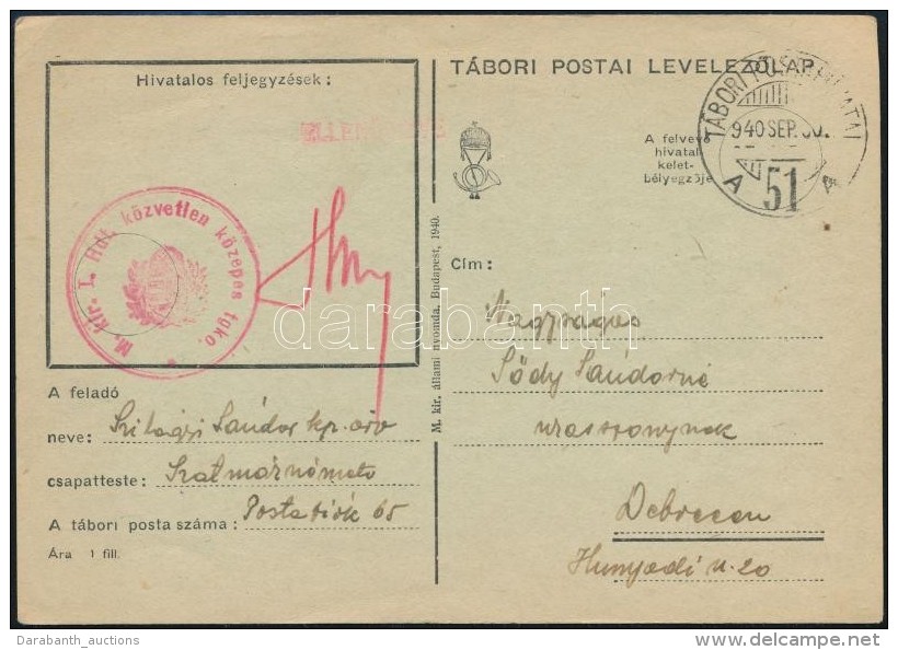 1940 T&aacute;bori LevelezÅ‘lap / Field Postcard Piros / Red 'M.kir. I. Hdt. K&ouml;zvetlen K&ouml;zepes Tgko.' - Autres & Non Classés