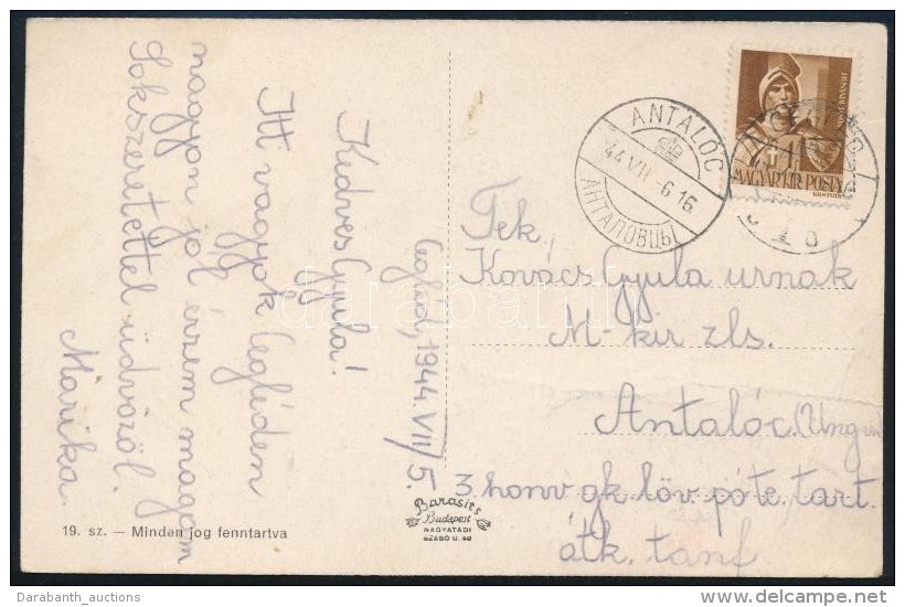 1944 K&eacute;peslap K&eacute;tnyelvÅ± B&eacute;lyegz&eacute;ssel / Postcard With Bilingual 'ANTAL&Oacute;C' - Autres & Non Classés