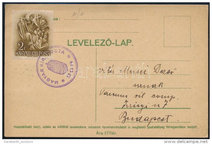 1938 LevelezÅ‘lap 'MAGYAR KIR. POSTA 298' Gumib&eacute;lyegz&eacute;ssel / Postcard With Auxiliary Postmark - Otros & Sin Clasificación