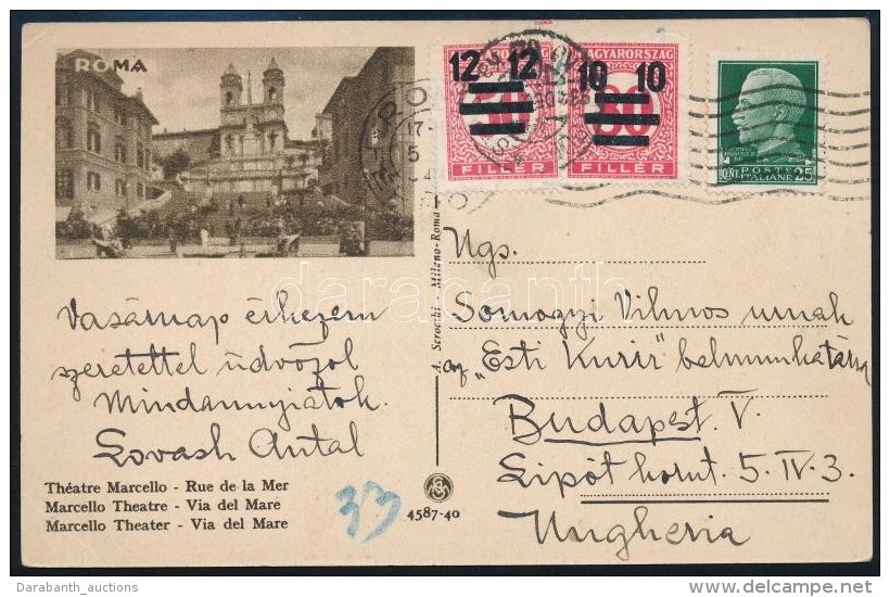 1934 K&eacute;peslap Olaszorsz&aacute;gb&oacute;l Budapestre, 10f + 12f Port&oacute;val / Postcard From Italy To... - Otros & Sin Clasificación