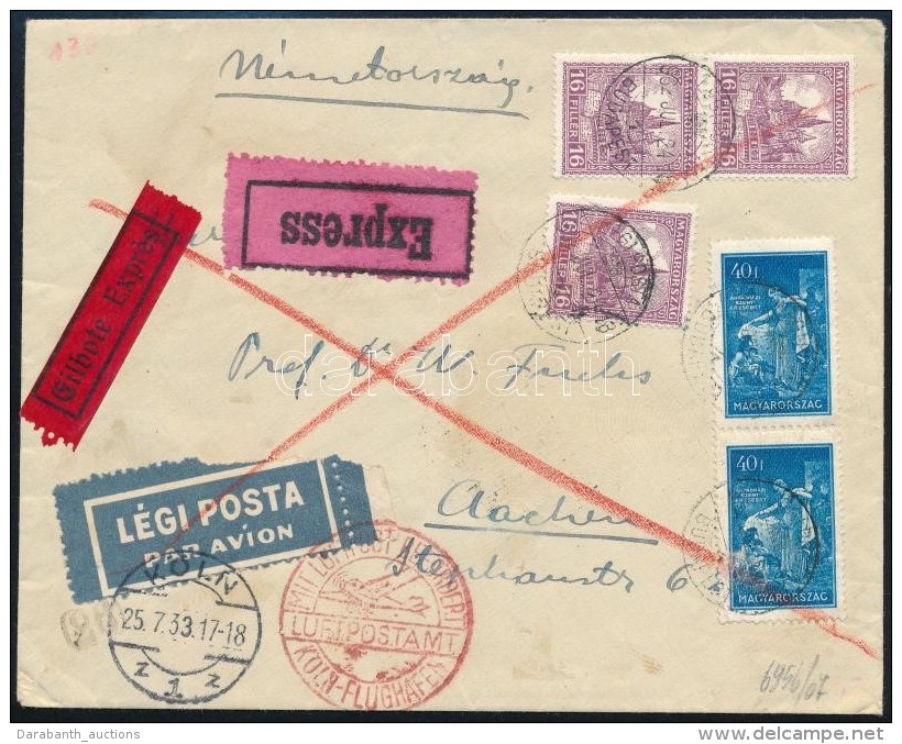 1933 Expressz L&eacute;gi Lev&eacute;l 1,28P B&eacute;rmentes&iacute;t&eacute;ssel / Express Airmail Cover With... - Otros & Sin Clasificación